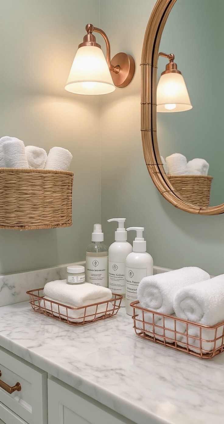 A cozy bathroom corner featuring a marble countertop with organized tattoo aftercare essentials, including crystalline ointment bottles, cotton pads, and moisturizers, complemented by plush white towels in a copper wire basket and a modern farmhouse mirror reflecting bamboo storage solutions, all under soft LED lighting in a serene color palette.