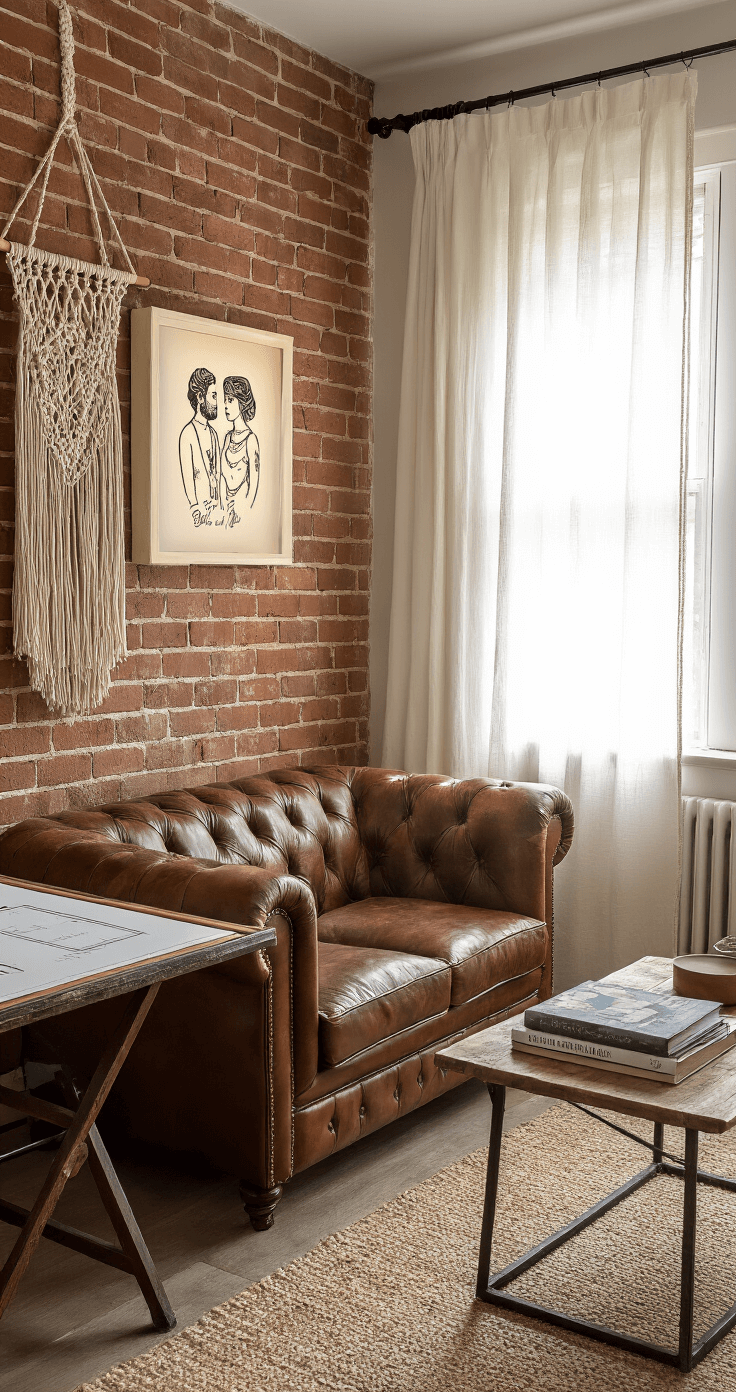 A cozy consultation nook featuring a vintage leather Chesterfield loveseat against an exposed brick wall, illuminated by afternoon sunlight. The space includes a custom lightbox showcasing couple tattoo designs, an antique drafting table with design books and tablets, and a macramé wall hanging, all in warm earth tones with metallic accents.