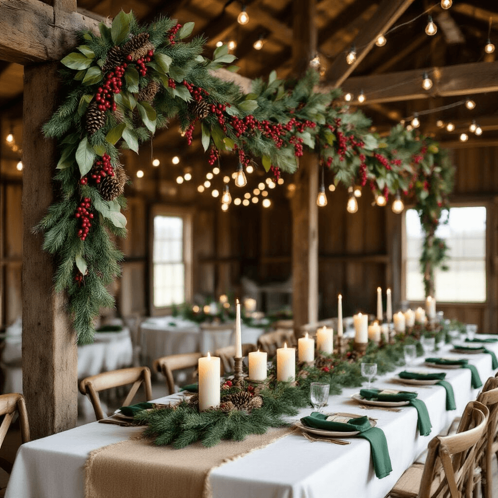 A rustic barn interior decorated for a holiday gathering, featuring a grand DIY garland of magnolia leaves, pinecones, and burlap ribbon across wooden beams, with red berries and holly. Long farmhouse tables are set with white linens and green napkins, surrounded by pillar candles in evergreen boughs, and illuminated by Edison bulb strings.