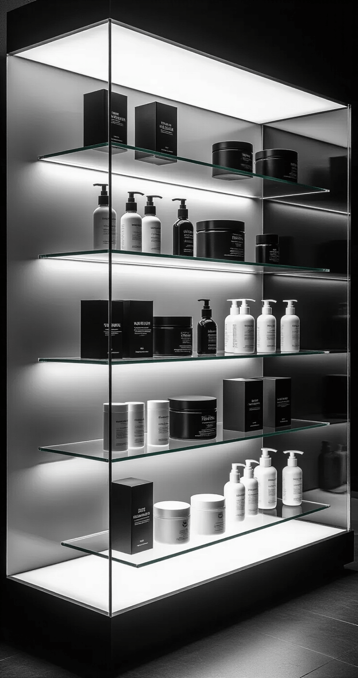 High-end glass retail display in a modern tattoo studio showcasing premium tattoo aftercare products with minimalist black and white packaging, highlighted by dramatic spotlighting and soft box lighting against a matte black gradient background.