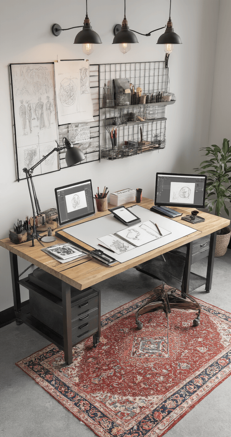 An artist's workspace featuring an ergonomic drafting table, industrial pendant lighting, a digital tablet with designs, traditional sketches on a magnetic wall grid, custom storage for drawing tools, and a vintage Persian rug on concrete flooring, all in a monochromatic scheme with colorful accents, viewed from above.