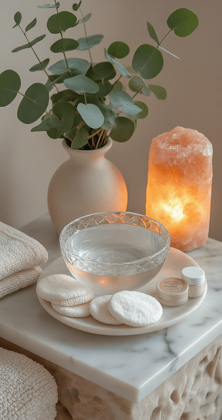 A cozy corner vignette featuring a marble side table with a crystal bowl of purified water, organic cotton rounds, and medical-grade ointments. A Himalayan salt lamp provides warm illumination, while fresh eucalyptus springs in a ceramic vase enhance the natural feel. The image captures soft, neutral tones with subtle pink undertones in a close-up macro shot.