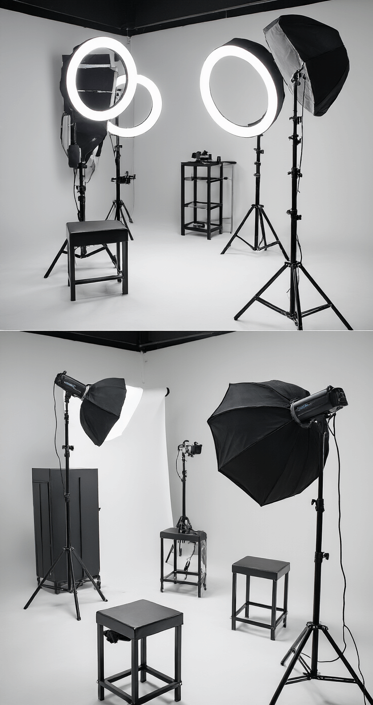 Professional photography corner featuring a seamless white backdrop, ring light, and softboxes for even lighting, with a premium DSLR camera on a tripod, modern black and chrome furniture, and a clean, minimalist design.