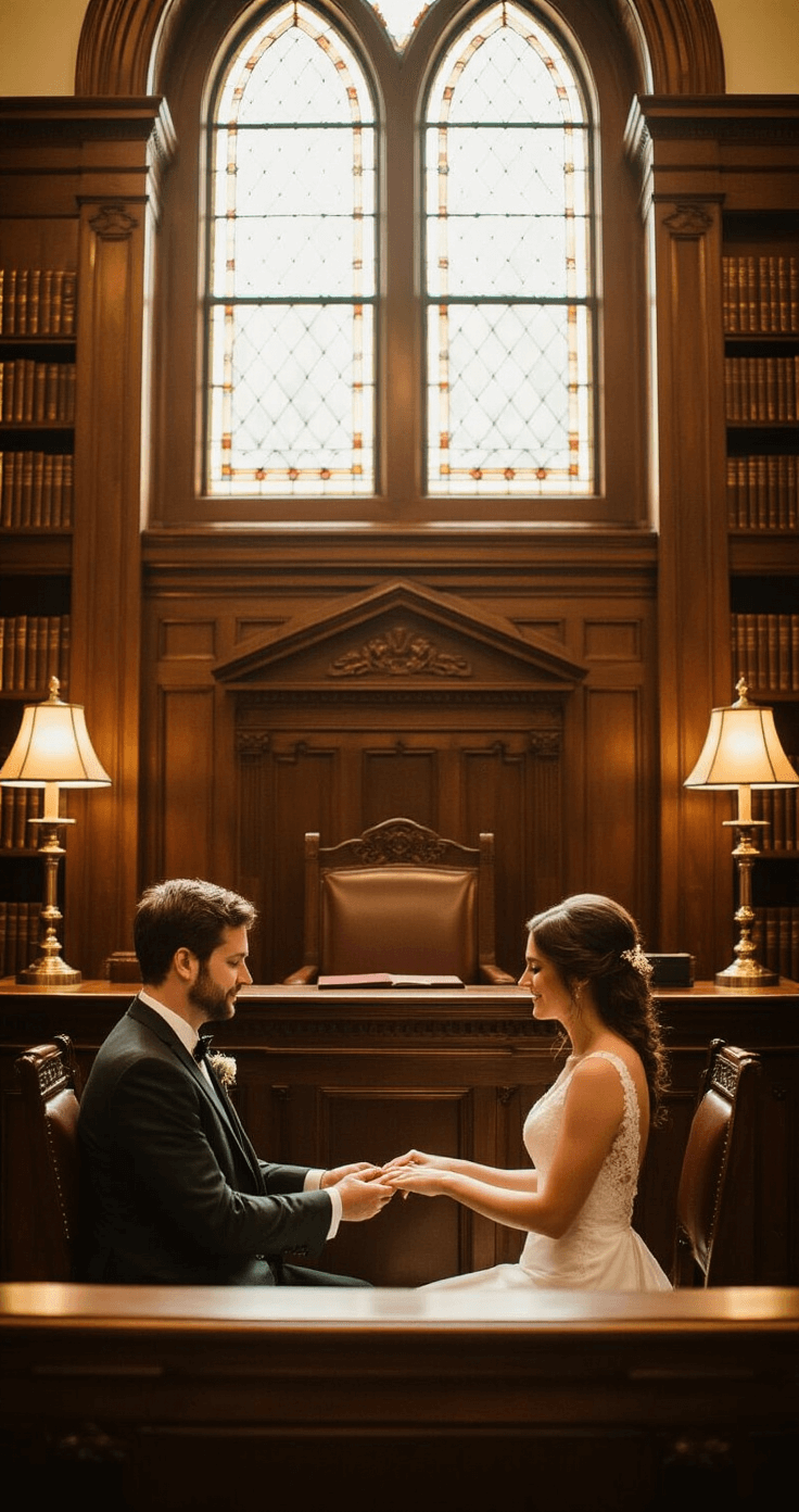 Courthouse Wedding Aesthetics: Capturing Elegance in Civic Spaces Close-up of a couple exchanging rings in a wood-paneled courthouse chamber during golden hour, with leaded glass windows casting warm light. The imposing mahogany judge's bench and vintage brass lamps are visible, alongside rich wooden wainscoting and leather-bound law books on shelves.
