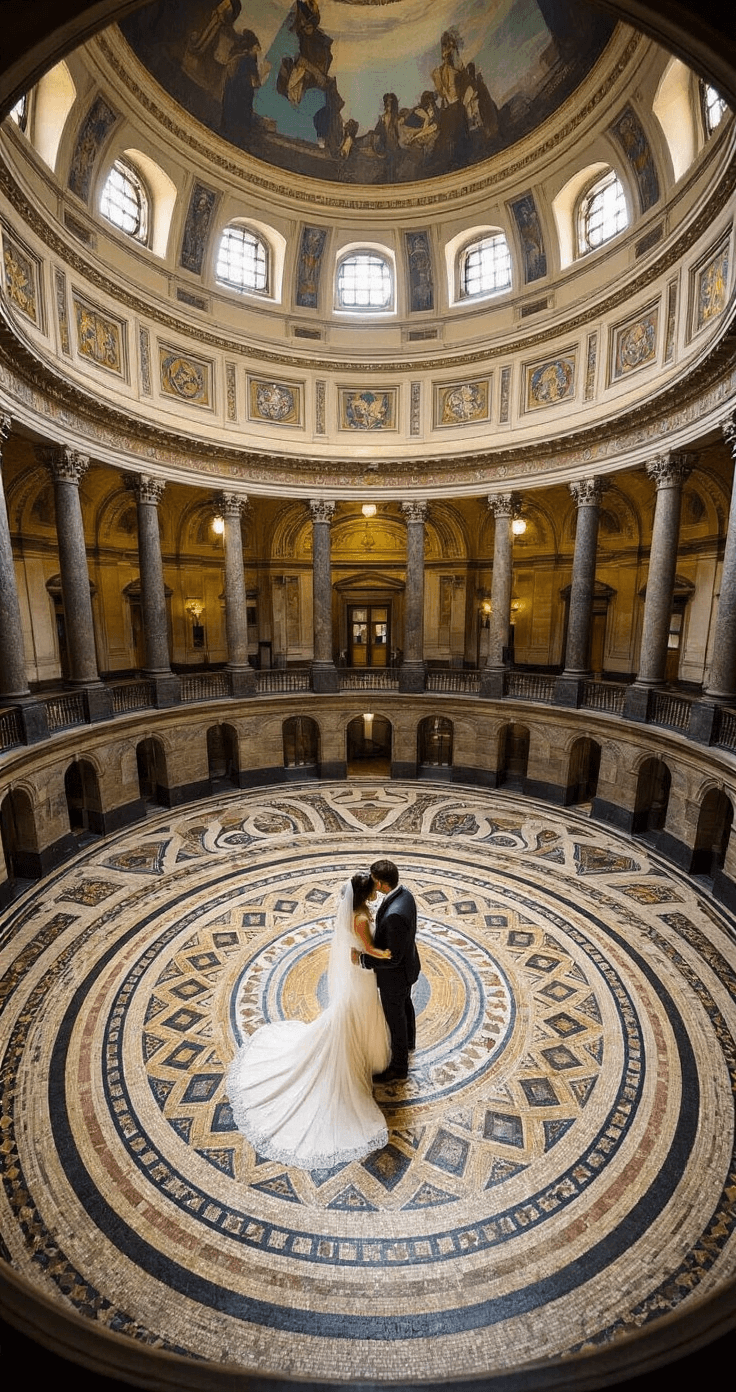 Courthouse Wedding Aesthetics: Capturing Elegance in Civic Spaces Overhead view of a circular courthouse rotunda with a detailed mosaic floor and newlyweds embracing in the center, surrounded by intricate marble inlays. Natural light illuminates the scene from a domed ceiling with a restored fresco, with rich jewel tones contrasting against the couple's modern attire.