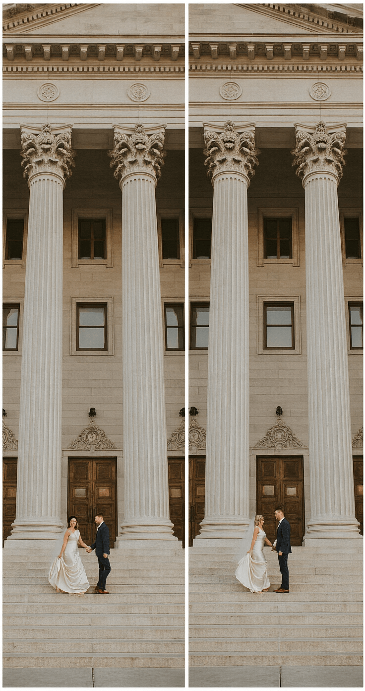 Courthouse Wedding Aesthetics: Capturing Elegance in Civic Spaces A newlywed couple descends the grand limestone steps of a courthouse, framed by majestic Corinthian columns, bathed in warm golden hour light, with the bride's silk midi dress flowing in the breeze, all in a palette of cream, ivory, and hints of metallic gold.