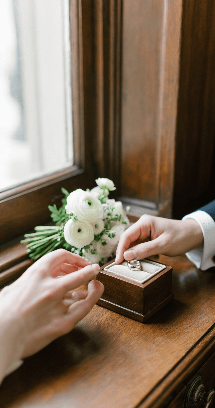 Courthouse Wedding Aesthetics: Capturing Elegance in Civic Spaces Close-up of hands exchanging wedding rings on an antique wooden judge's desk, featuring a custom ring box and a small bouquet of white ranunculus, illuminated by soft window light. Textures highlighted include polished wood, delicate flowers, shiny metal rings, and smooth silk.