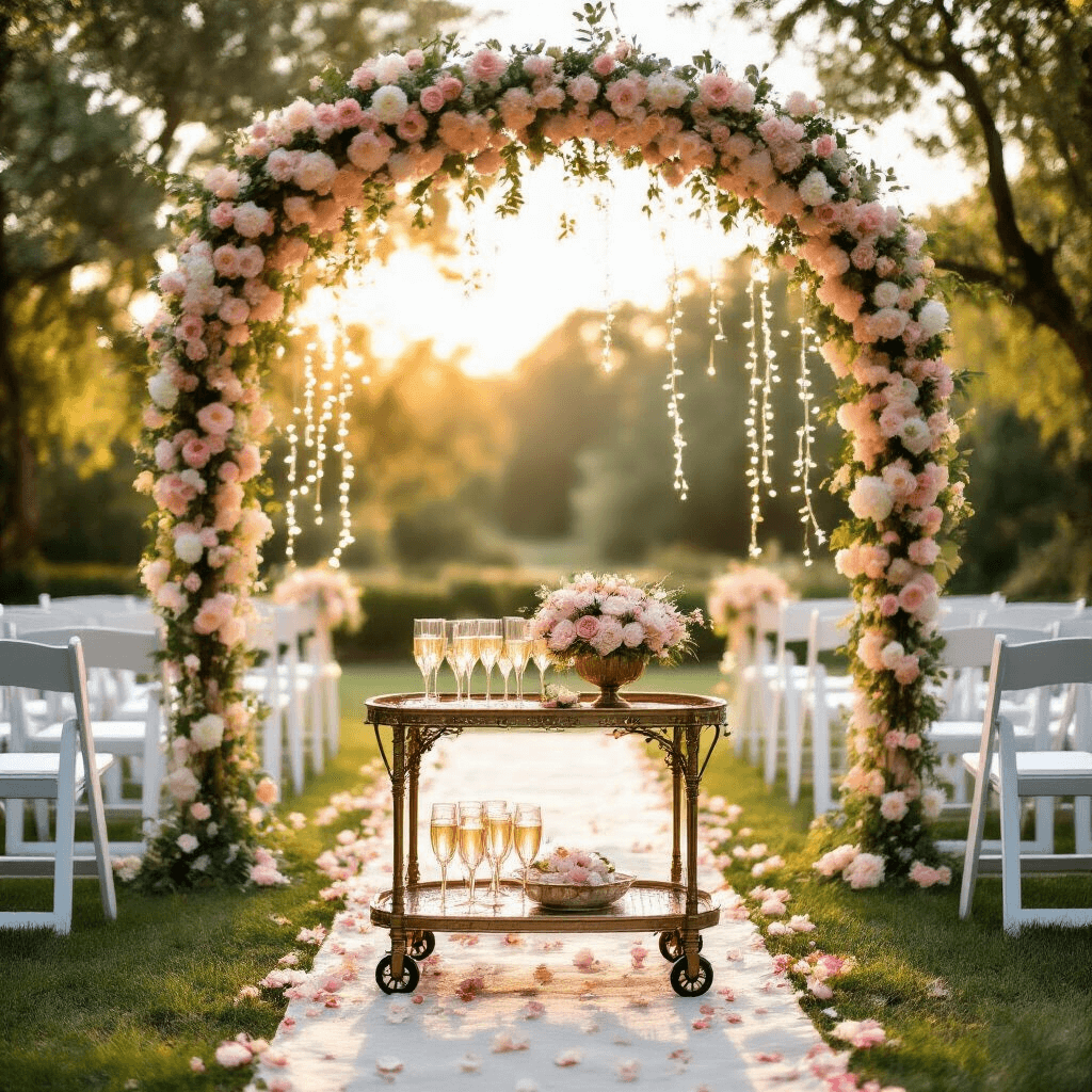 A sun-drenched garden wedding ceremony featuring an ornate floral arch with blush pink and ivory flowers, intertwined fairy lights, white chairs with small garlands, a vintage carpet aisle runner, and a brass cart with crystal champagne glasses garnished with flower petals, captured from a low angle amidst lush grass and dappled sunlight.