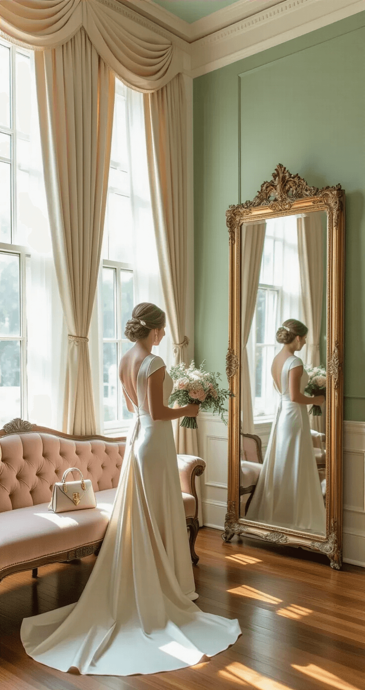 Elegant courthouse wedding preparation room featuring a bride in a knee-length ivory silk dress before a gilt-framed mirror, with morning light streaming through sheer curtains. The space has sage green walls, crown molding, hardwood floors, and a blush velvet settee holding a designer handbag and floral bouquet, all captured from a low three-quarter angle.