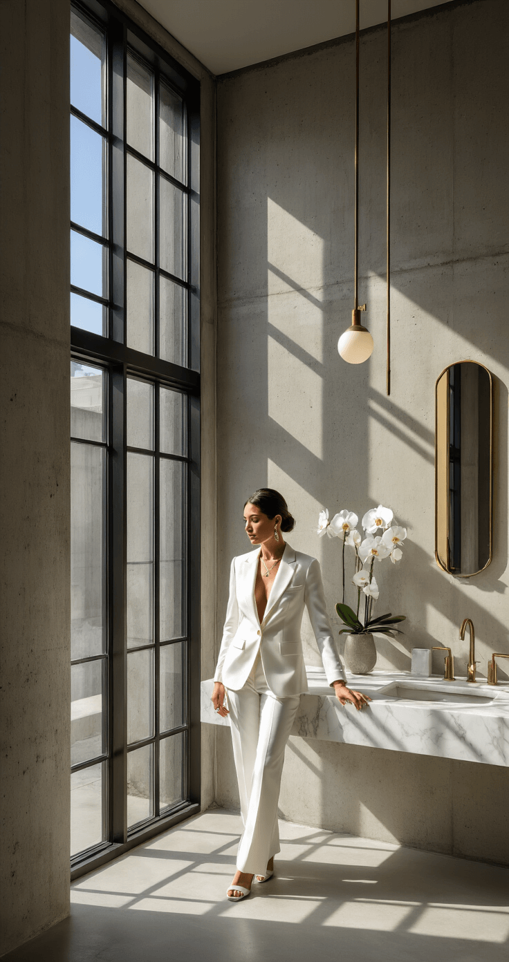 A modern bridal suite in a courthouse features industrial-chic design with concrete walls, brass fixtures, and geometric mirrors. A bride in a white pantsuit adjusts her jewelry at a floating marble vanity, illuminated by mid-afternoon sunlight streaming through steel-framed windows, casting dramatic shadows. Fresh white orchids and metallic accents add a touch of luxury.