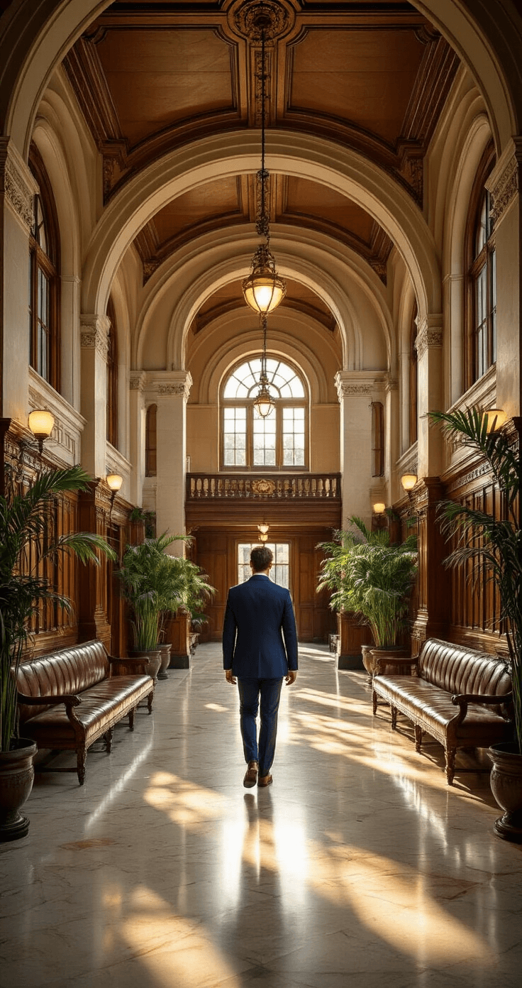 A groom in a tailored navy suit walks through a historic courthouse corridor with high ceilings and arched windows, illuminated by golden hour light that casts warm pools on the marble floors. Vintage leather benches and potted palms line the hall, while ornate wood paneling and brass light fixtures add to the grandeur of the scene. The shot is taken from ground level, emphasizing the scale and elegance of the space.
