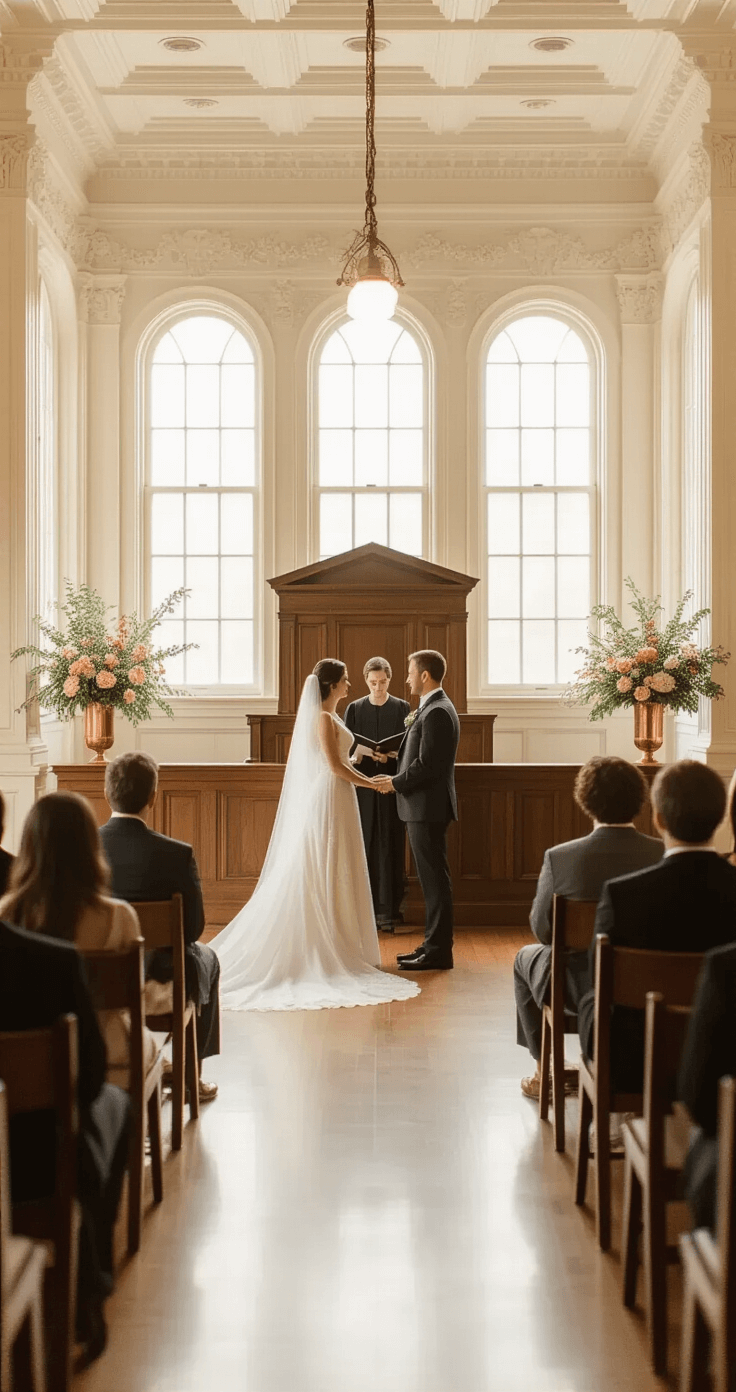 Intimate courthouse ceremony room with original 1920s details, featuring frosted glass windows, wooden chairs, ornate judge's bench, cream walls with wainscoting, coffered ceiling, and floral arrangements in copper vessels, as a couple exchanges vows.
