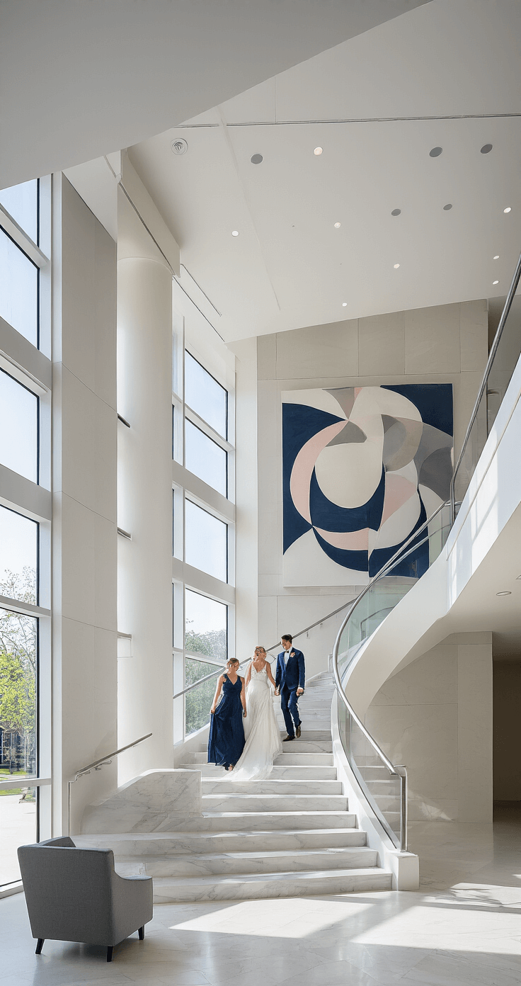 A contemporary courthouse lobby featuring a 25ft ceiling and a floating staircase, where a wedding party in navy and blush attire descends white marble steps under early morning light streaming through two-story windows. Minimalist grey and chrome furnishings complement large-scale abstract art, captured from a mezzanine level to highlight dramatic angles with a mix of natural and architectural lighting.