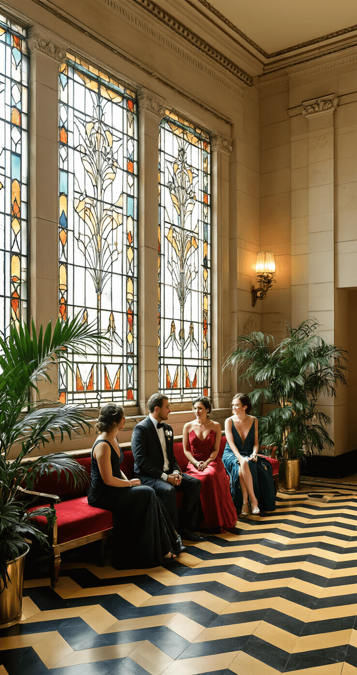 Art Deco courthouse waiting area featuring restored details, illuminated by late morning light through geometric stained glass. Wedding guests in jewel-toned cocktail attire are seated on velvet benches, surrounded by black and gold chevron tiles, bronze sconces, and stepped ceiling details. Tropical plants in brass planters enhance the aesthetic.