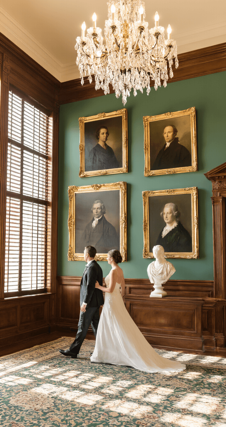 A newly married couple strolls through a long courthouse portrait gallery adorned with gilt-framed portraits and marble busts, while soft afternoon light filters through plantation shutters onto rich mahogany wainscoting and emerald walls, illuminated by a crystal chandelier casting prismatic patterns.