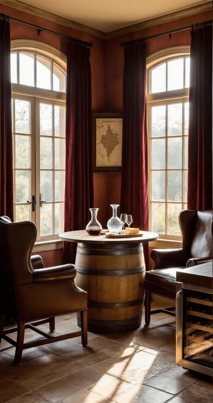 Cozy wine tasting nook with leather wingback chairs and rustic wine barrel table, illuminated by sunlight through floor-to-ceiling windows, against warm terracotta walls and burgundy velvet curtains.
