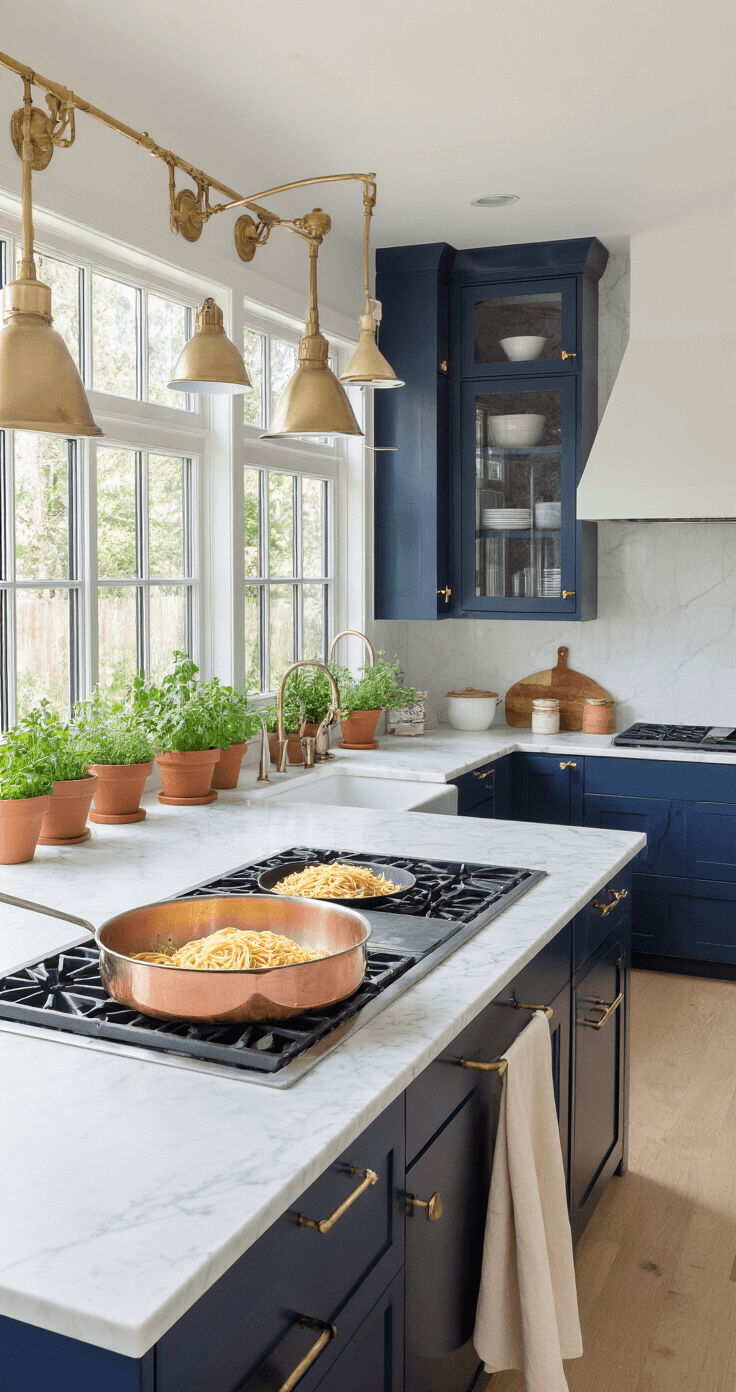 A spacious modern kitchen featuring white marble countertops and navy blue cabinets, illuminated by morning light. The center island showcases a professional-grade copper cooking surface with two pasta-making stations, framed by terracotta pots of fresh herbs along the windowsills. Cream linen aprons hang on brass hooks, while industrial pendant lights illuminate the workspace. The image captures a wide-angle view from a corner, highlighting the kitchen's contemporary farmhouse and professional design elements.