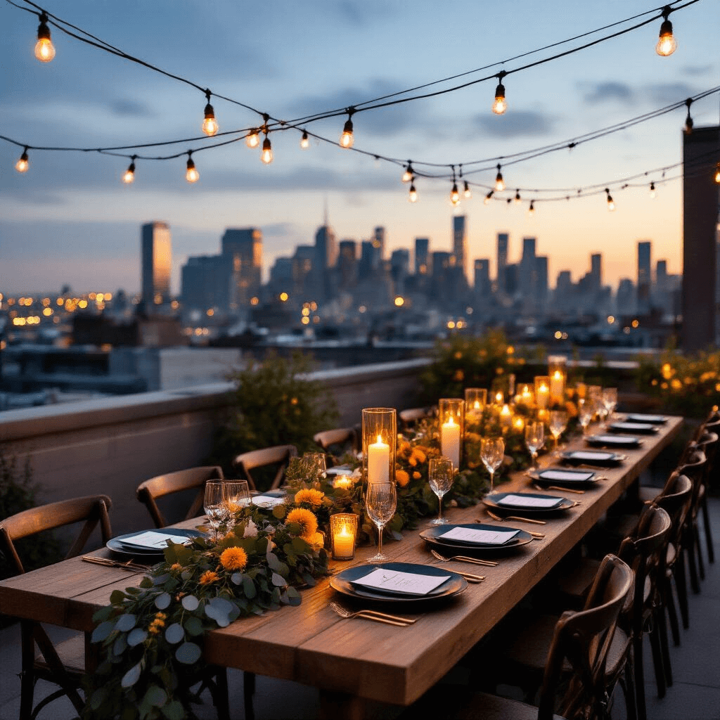 An elevated view of an intimate rooftop terrace celebration at twilight, featuring long farm tables with eucalyptus and marigold garlands, copper chargers, matte black plates, and gold cutlery. String lights overhead illuminate the setting, while clusters of pillar candles provide a warm glow against a twinkling city skyline.