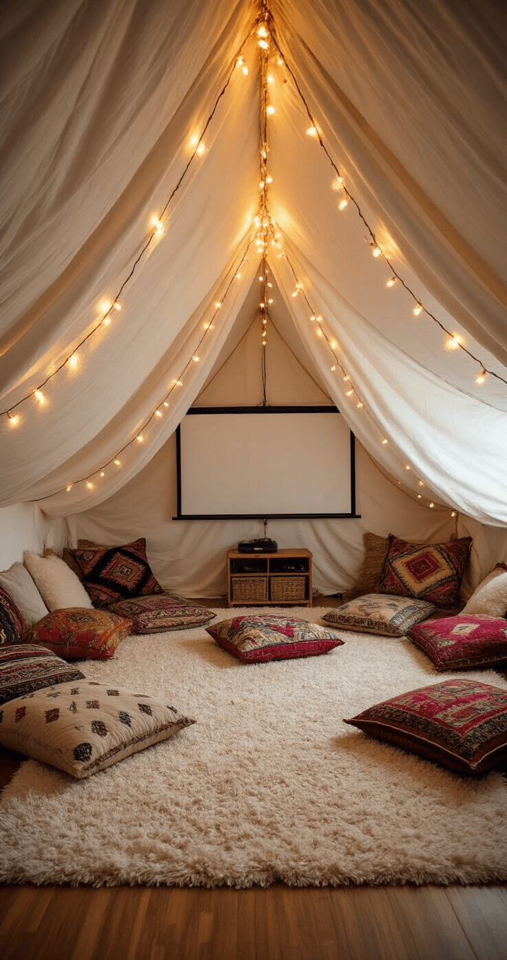 A cozy pillow fort in a transformed living room at twilight, with draped white sheets illuminated by warm fairy lights, featuring a plush cream shag rug and vintage Moroccan floor pillows in jewel tones, and a projector screen visible through the fort opening.
