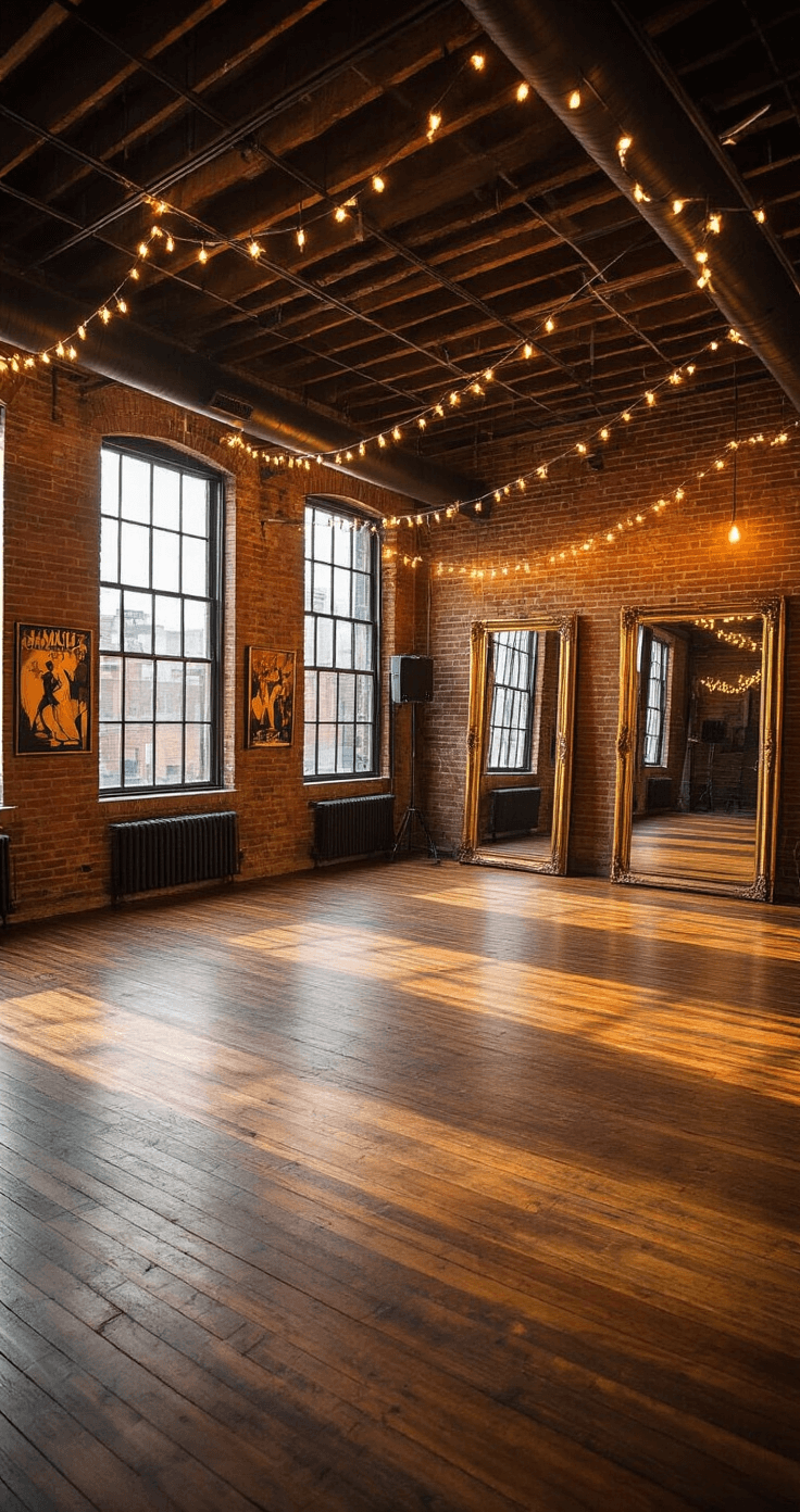 A beautifully lit dance studio in an industrial chic style, featuring exposed brick walls, hardwood floors, and amber uplighting. The elevated view showcases floor-to-ceiling mirrors reflecting zigzagging string lights, vintage dance posters, and gold-framed mirrors, capturing the romantic ambiance of the evening setting.