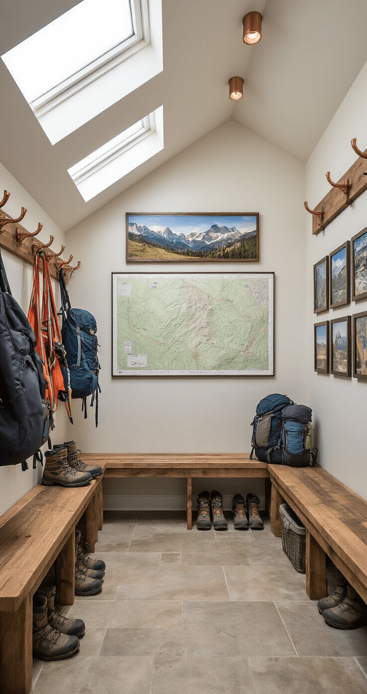 A well-organized mudroom features climbing gear on copper hooks, aligned hiking boots on reclaimed wood benches, and floating topographic maps. Morning light streams through skylights, highlighting the symmetrical layout and gallery wall with adventure photography, reflecting a minimalist outdoor enthusiast style.