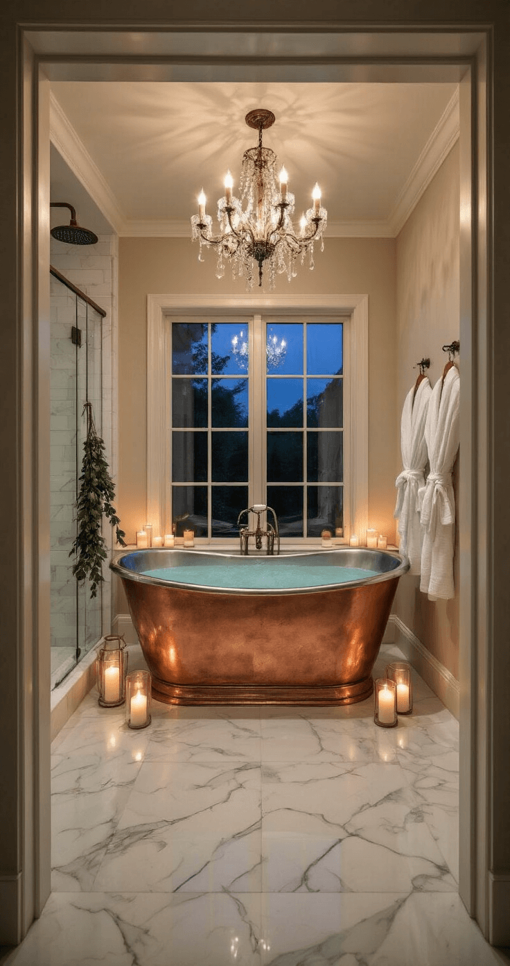 A luxurious master bathroom featuring a freestanding copper tub under a chandelier, surrounded by flickering candles in hurricane glasses. The white marble floors reflect soft mood lighting, with plush Egyptian cotton robes hanging on heated towel rails and eucalyptus bundles hanging from a rainfall shower, all captured from the doorway.