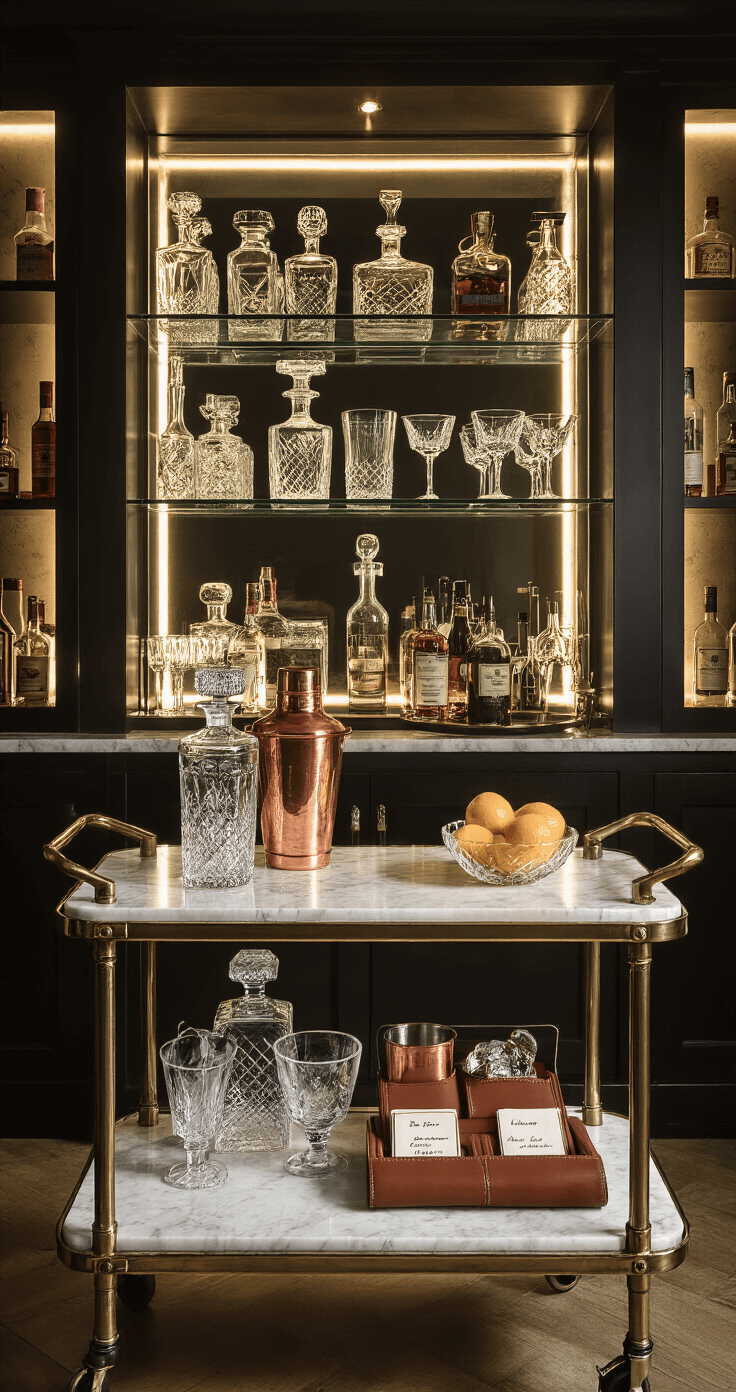 A cozy bar nook illuminated by evening light, featuring backlit glass shelves with crystal decanters and vintage glassware, a marble-topped art deco bar cart adorned with copper mixing tools and fresh citrus in cut crystal bowls, and handwritten recipe cards in a leather holder, captured from the bartender's perspective in a modern speakeasy style.