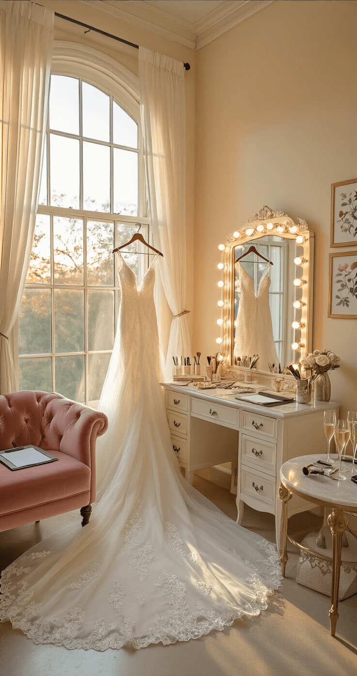 An intimate bridal prep room featuring a vintage vanity with an illuminated mirror, scattered styling tools, and a hanging wedding dress. The space has cream walls with botanical prints, a dusty rose velvet settee, and mercury glass accents, all bathed in soft morning light. Champagne flutes and a coordinator's clipboard rest on a marble side table, alongside professional makeup equipment and garment bags, creating a warm, cinematic atmosphere.