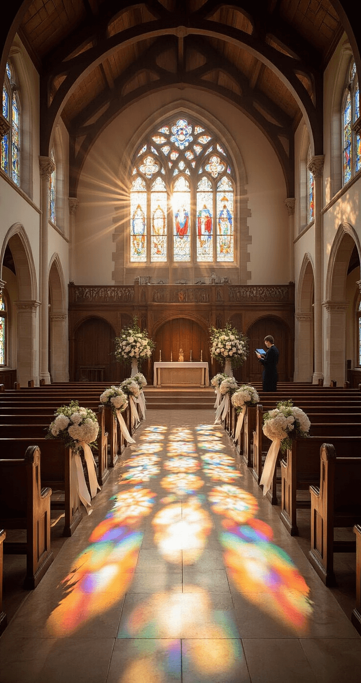 Interior view of a historic chapel, showcasing a grand ceremony space from a balcony perspective, with late afternoon sunlight streaming through stained glass windows, illuminating the central aisle adorned with white hydrangeas and blush roses, mahogany pews featuring cream ribbon accents, and showcasing dramatic architectural elements like exposed wooden beams and stone archways, with a wedding coordinator near the altar.