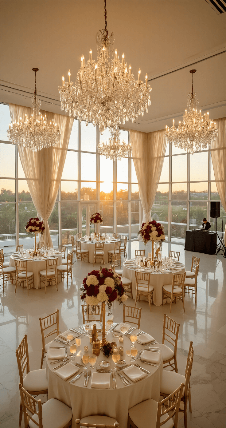 A lavish reception ballroom featuring ivory-draped round tables adorned with burgundy dahlias and gold candelabras, illuminated by crystal chandeliers during golden hour. The scene includes floor-to-ceiling windows with champagne chiffon curtains, polished marble floors, and a visible DJ booth and dance floor in the background. A coordinator is reviewing the timeline as staff prepares for the event, emphasizing luxury and elegance.