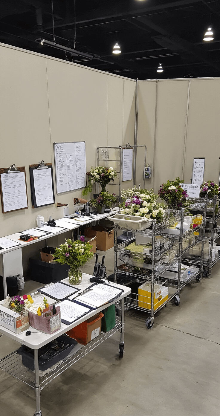 Behind-the-scenes view of a vendor staging area in a converted suite, featuring a coordinator's command center with clipboards and emergency kits, industrial rolling racks with florals and timeline boards, and a vendor check-in station, all under cool professional lighting that emphasizes organized chaos.
