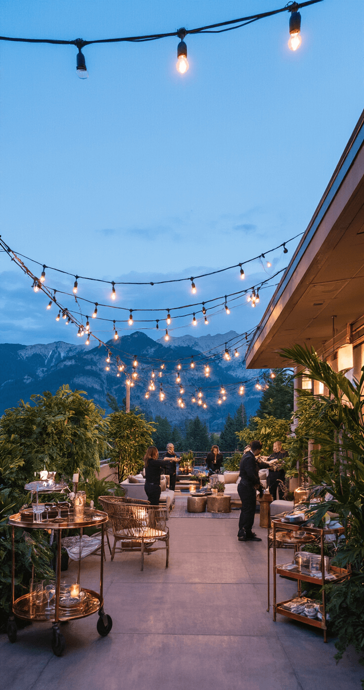 An outdoor cocktail terrace, 30'x40', set during blue hour with a coordinator overseeing staff arranging lounge vignettes featuring mixed metallic furniture and market lights above. Organic foliage installations enhance mountain views, alongside a copper bar cart, passed appetizer stations, and high cocktail tables adorned with luxury linens, all immersed in a moody atmosphere with strategic uplighting highlighting architectural details.