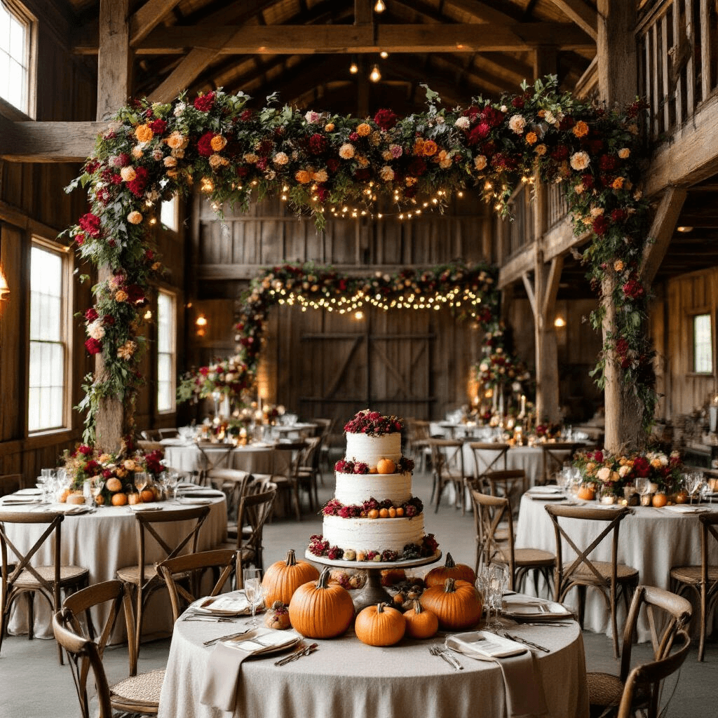 A cozy fall wedding reception inside a rustic barn, featuring wooden beams draped with red and burgundy flower garlands, round tables with textured linen cloths and pumpkin centerpieces, mismatched vintage chairs, and a dessert table with a naked cake adorned with fresh figs and berries, all illuminated by warm ambient lighting.