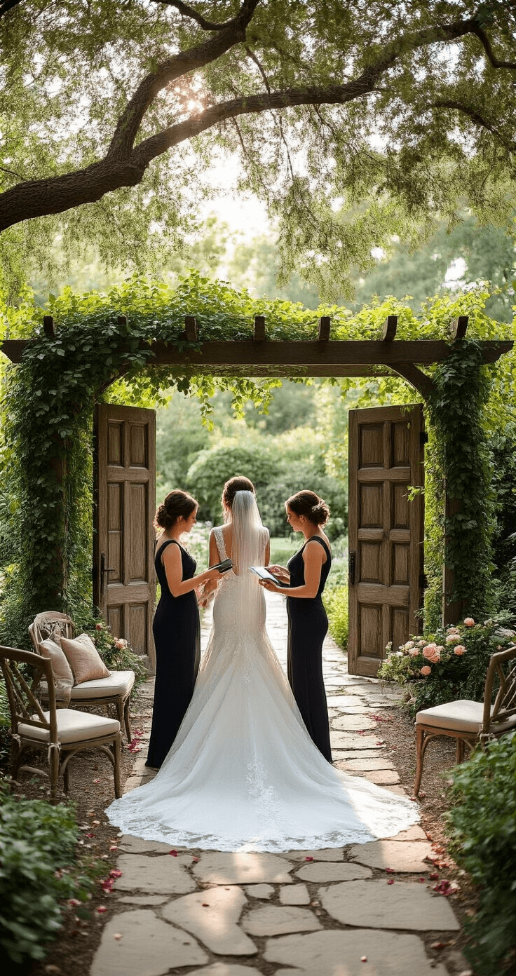 A manicured garden space with early afternoon light filtering through trees, showing a wedding coordinator adjusting the bride's train and consulting a tablet. Stone pathways lead to an ivy-covered pergola with vintage doors, while neutral furniture, scattered rose petals, and professional lighting are arranged for the intimate preparation scene.