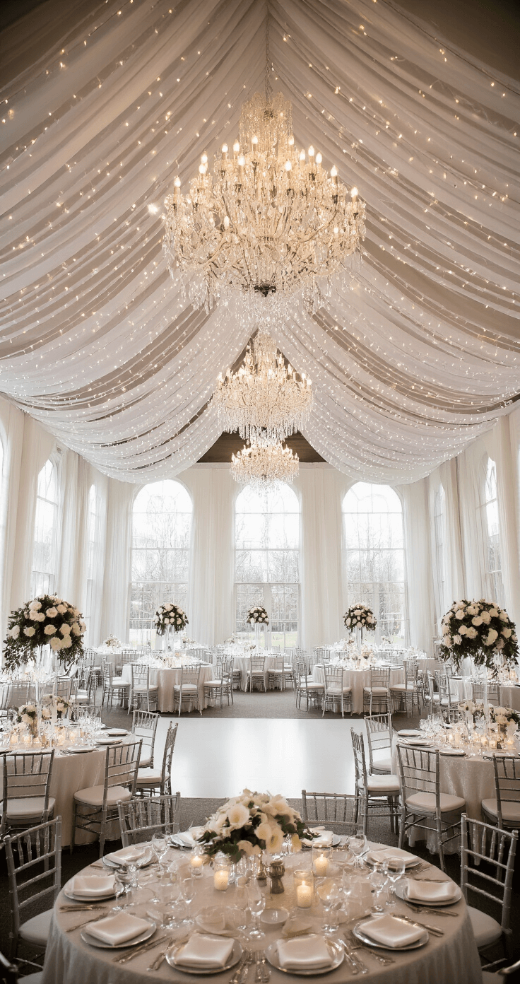 A grand ballroom transformed into a winter wonderland with crystal chandeliers, golden light, and tables adorned with white linens and elegant centerpieces, captured from an elevated position.