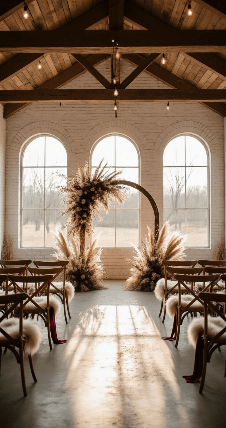 Intimate winter ceremony space featuring a raw wooden beam ceiling and whitewashed brick walls, with natural light streaming through arched windows. Wooden cross-back chairs line the aisle, adorned with dried pampas grass and burgundy ribbons. A central altar has an asymmetrical arch of dried flowers, evergreen branches, and fairy lights. Faux fur throws are draped over the back row chairs, creating a cozy and romantic atmosphere.