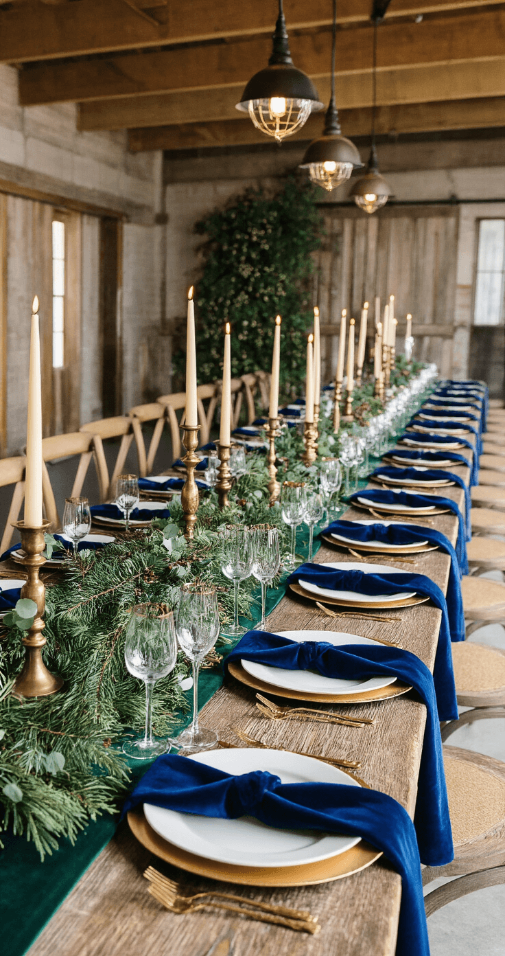 Luxurious 25ft head table setup featuring a deep emerald velvet runner on a weathered wooden farm table, adorned with antiqued brass candlesticks, organic garland, gold-rimmed chargers, and vintage champagne coupes, captured from a 45-degree angle with dramatic side lighting.