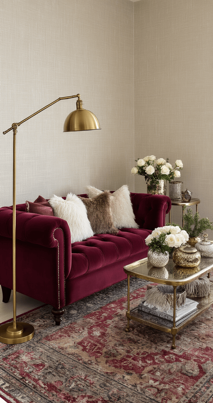 Intimate corner lounge vignette featuring a tufted burgundy settee, warm brass floor lamp, and vintage rugs. Stylish side tables with floral arrangements, plus cozy faux fur pillows and metallic throws, all under soft diffused lighting.