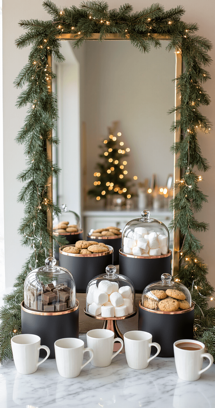 A modern hot chocolate bar featuring a 15ft marble counter with matte black serving vessels and copper accents, white ceramic mugs in geometric arrangements, glass cloches with marshmallows and cookies, and a fresh pine garland with white lights framing a mirror backdrop, all illuminated by focused overhead lighting and subtle backlighting, blending contemporary and cozy styles.