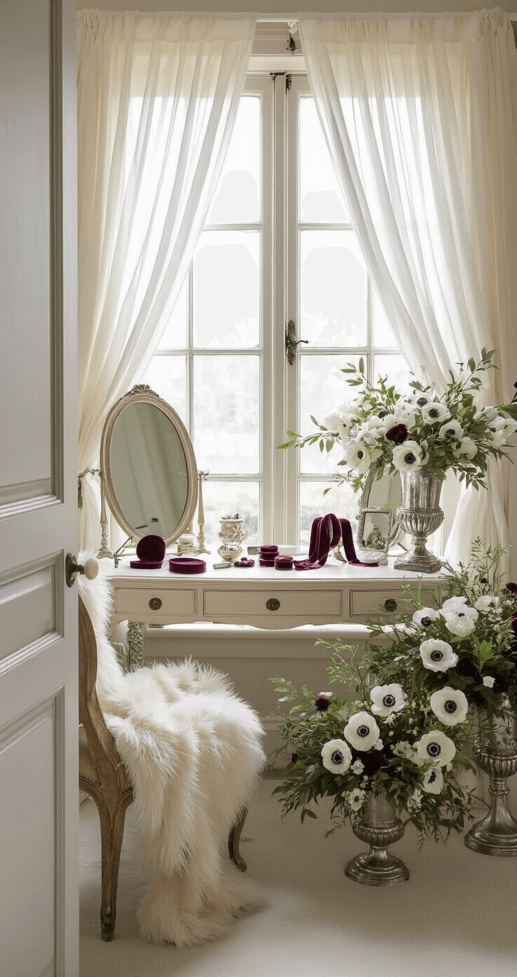 A beautifully styled bridal preparation suite featuring traditional architectural details, bathed in morning light from sheer draped windows. A vintage vanity showcases velvet ribbon accessories and a winterberry crown, alongside a faux fur wrap on a French provincial chair. Full-length mirrors reflect the intimate moments of getting ready, complemented by elegant floral arrangements of white anemones and seasonal greenery in silver urns. The image captures the room's depth and soft, romantic atmosphere.