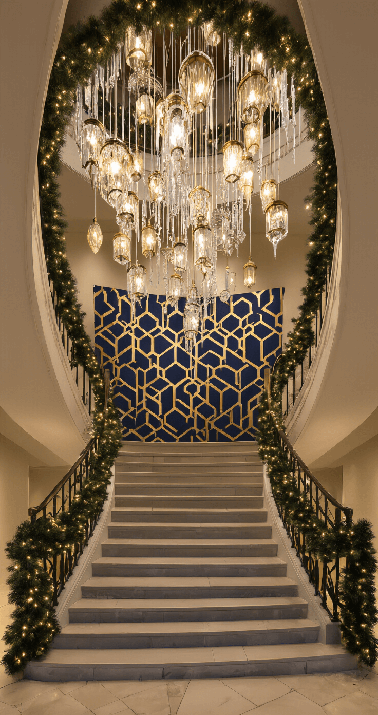 A grand two-story foyer featuring a dramatic lighting installation with cascading crystal and metallic ornaments, oversized metal lanterns on a curved staircase adorned with pine garland and twinkle lights, and a navy and gold geometric backdrop for photos, all illuminated by a combination of pinspot and warm wash lighting, creating a magical atmosphere.