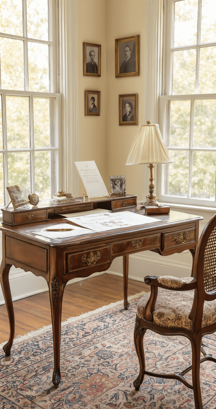 A warm home office with golden afternoon light filtering through French windows, showcasing an antique mahogany desk adorned with ornate stationery and a gold-trimmed fountain pen, as someone writes a wedding response card. Vintage photographs decorate the soft cream walls, and a Persian rug in muted blues and burgundy adds warmth to the space. The scene is captured from an elevated angle, highlighting the desk details and the inviting window view.