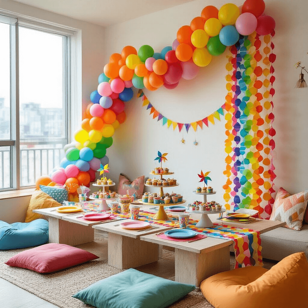 A vibrant children's birthday party scene viewed from a child's eye level, featuring a rainbow balloon garland, colorful melamine plates, primary color paper runners, a tiered cupcake stand with pinwheel toppers, and cozy bean bags and cushions in a sunlit modern apartment.
