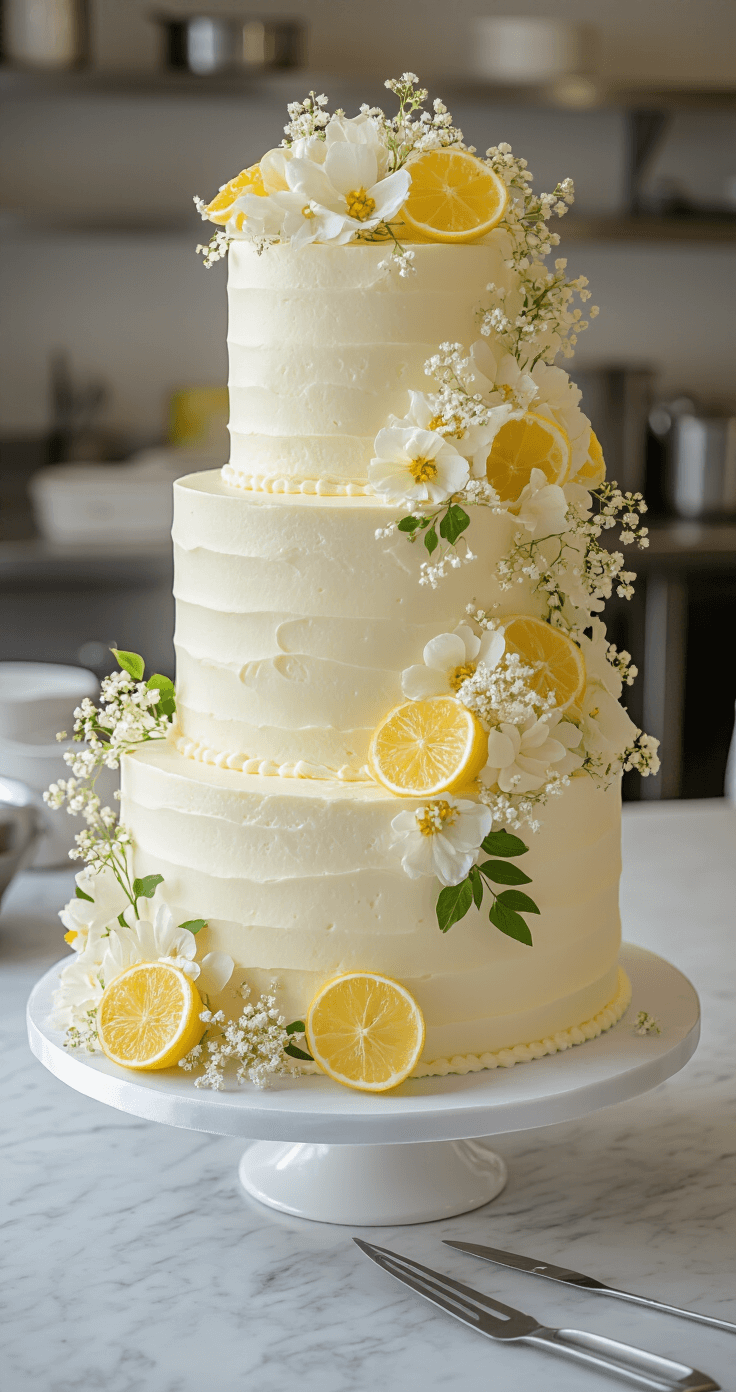 An elegant three-tiered lemon drizzle wedding cake adorned with white buttercream, fresh edible flowers, and candied lemon slices, set on a marble pastry counter with professional tools nearby.