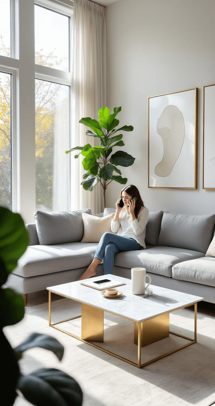 A modern living room featuring a person on a phone call about a wedding, with a minimalist gray L-shaped sofa, brass accent tables, and abstract wall art. Afternoon light streams through floor-to-ceiling windows, illuminating a white marble coffee table with an iPhone and wedding invitation. A fiddle leaf fig plant casts gentle shadows, creating a spacious open-concept scene.