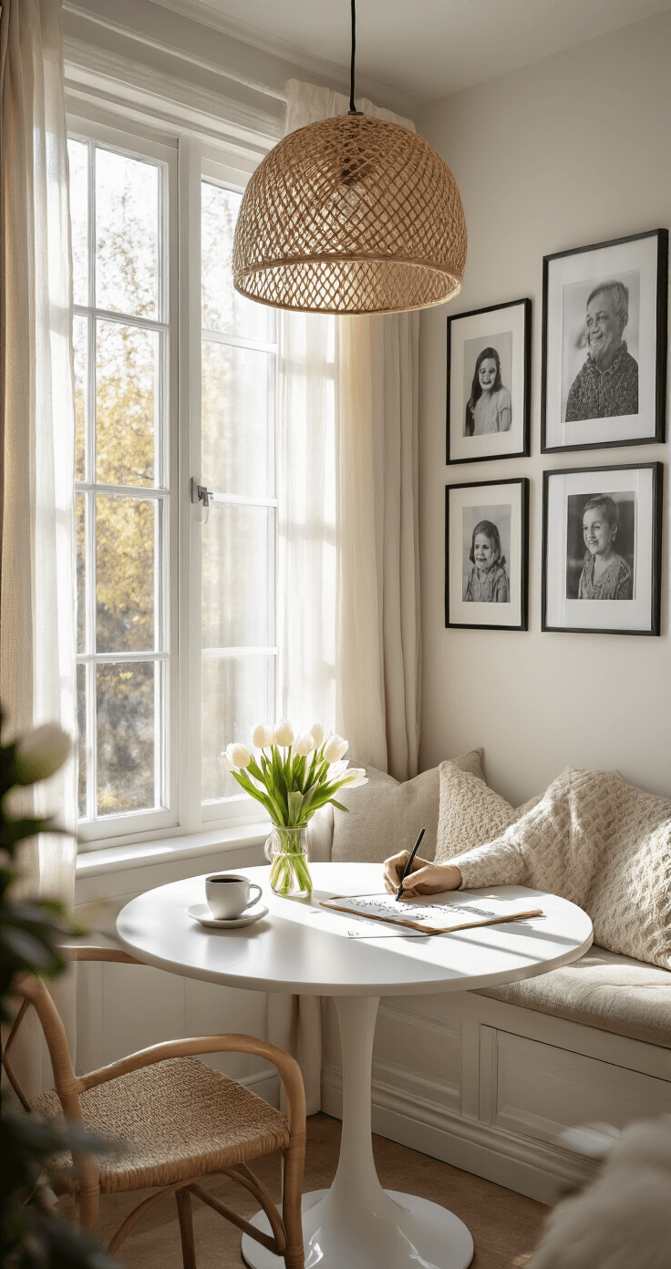 A cozy breakfast nook with morning light streaming through sheer curtains, featuring a round white tulip table adorned with a coffee cup, fresh flowers, and writing materials, where someone is writing a heartfelt congratulations card. A gallery wall of black and white family photos is visible, and a woven pendant light hangs above, all captured at eye level in soft, airy lighting.