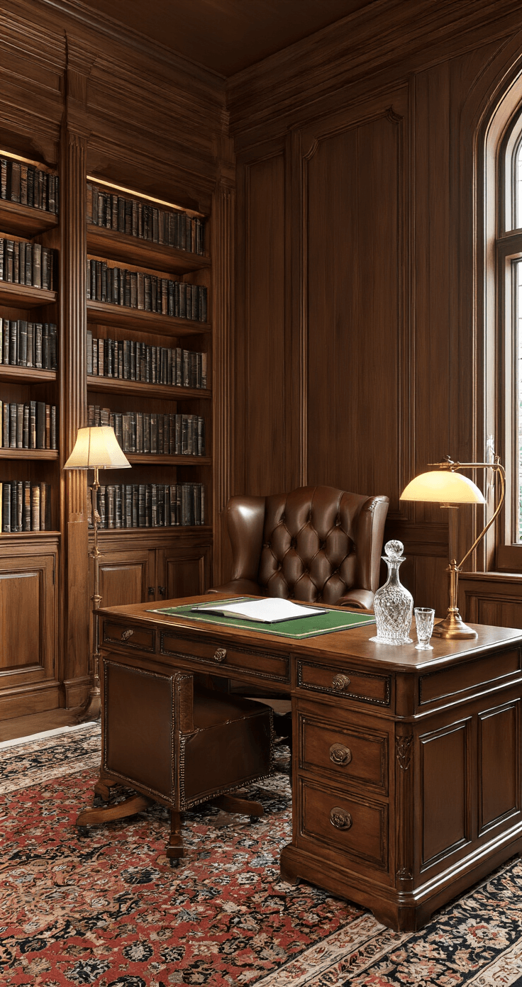 An elegant, wood-paneled home library featuring built-in bookshelves, a leather wingback chair, brass floor lamp, and traditional writing desk with green leather inlay, illuminated by warm ambient light in the early evening. The room is adorned with a deep jewel-toned Oriental carpet and a crystal decanter set on a side table, captured from a low angle to showcase its height and architectural details.
