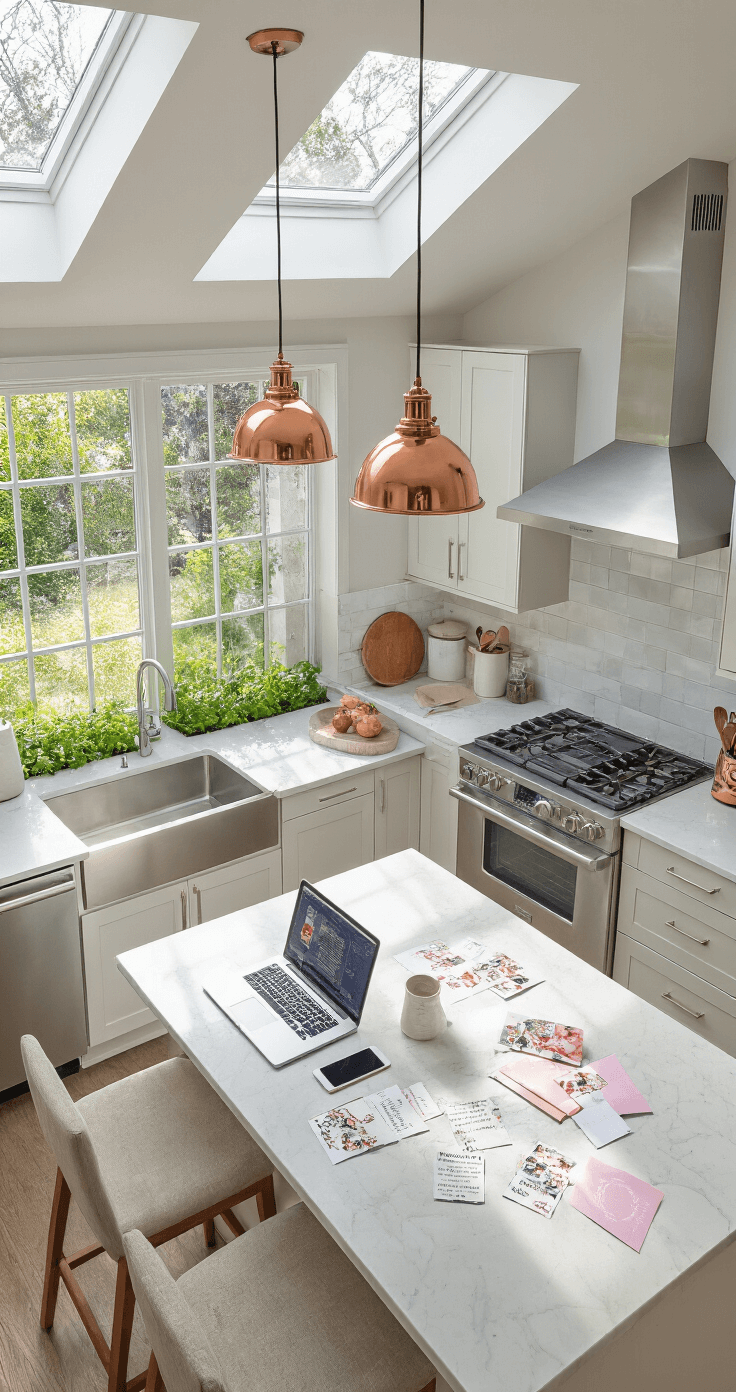 A contemporary kitchen island featuring a white quartz surface with a laptop, smartphone, and scattered wedding invitations, illuminated by midday skylight. The space includes copper pendant lights, stainless steel appliances, and a herb garden in the window, captured from an overhead perspective with bright, even lighting.