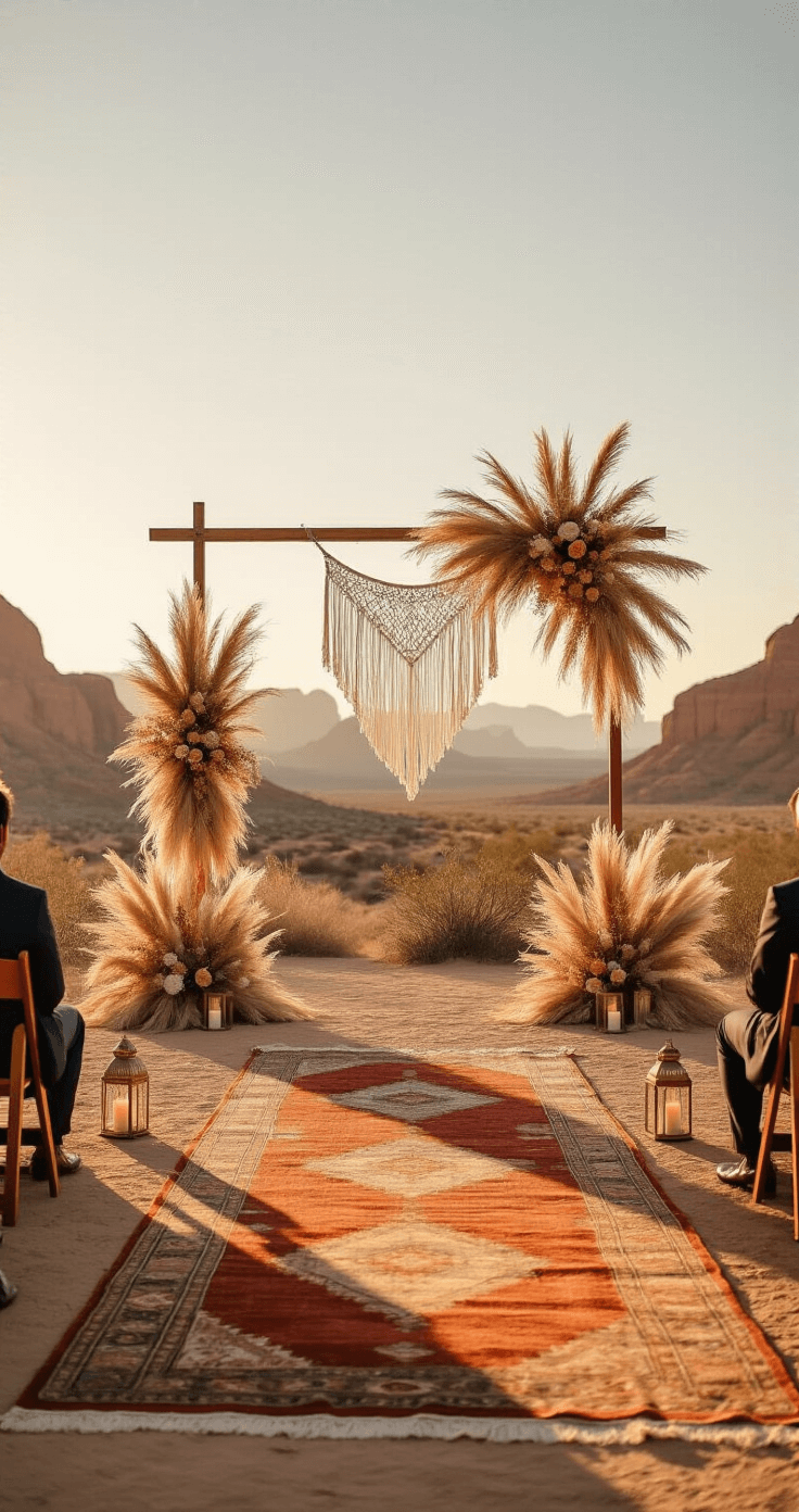 Desert Wedding Magic: Your Ultimate Guide to a Breathtaking Bohemian Celebration A wide-angle view of a spacious desert ceremony setup at golden hour, featuring a 30-foot geometric copper arch decorated with pampas grass and macramé, layered vintage Moroccan rugs creating an aisle, scattered brass lanterns with candles, and towering red rock formations in the background, all illuminated by warm amber light.