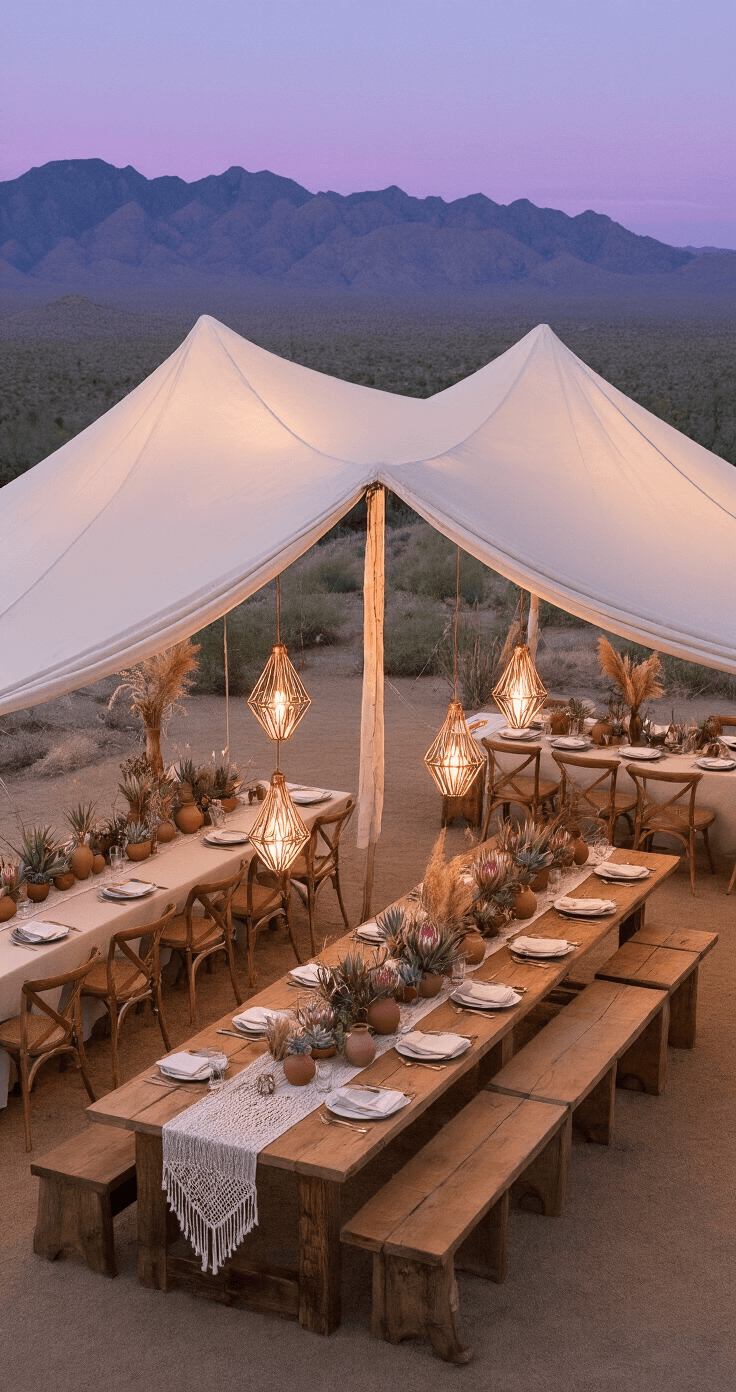 Desert Wedding Magic: Your Ultimate Guide to a Breathtaking Bohemian Celebration Indoor-outdoor reception tent at dusk, featuring a flowing white canvas tent with sides drawn up, illuminated by warm lighting from suspended copper geometric pendants. The scene includes farm tables dressed in natural linen, adorned with terracotta vessels filled with protea, succulents, and dried botanicals, with macramé table runners adding texture. The backdrop showcases desert mountains silhouetted against a purple twilight sky.